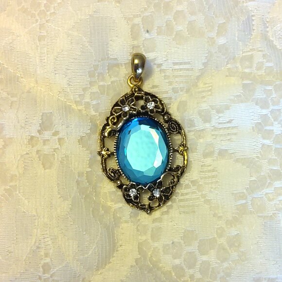 Vintage Blue Crystal Large Floral Copper Pendant Timeless Vtg Pendant - Picture 2 of 7